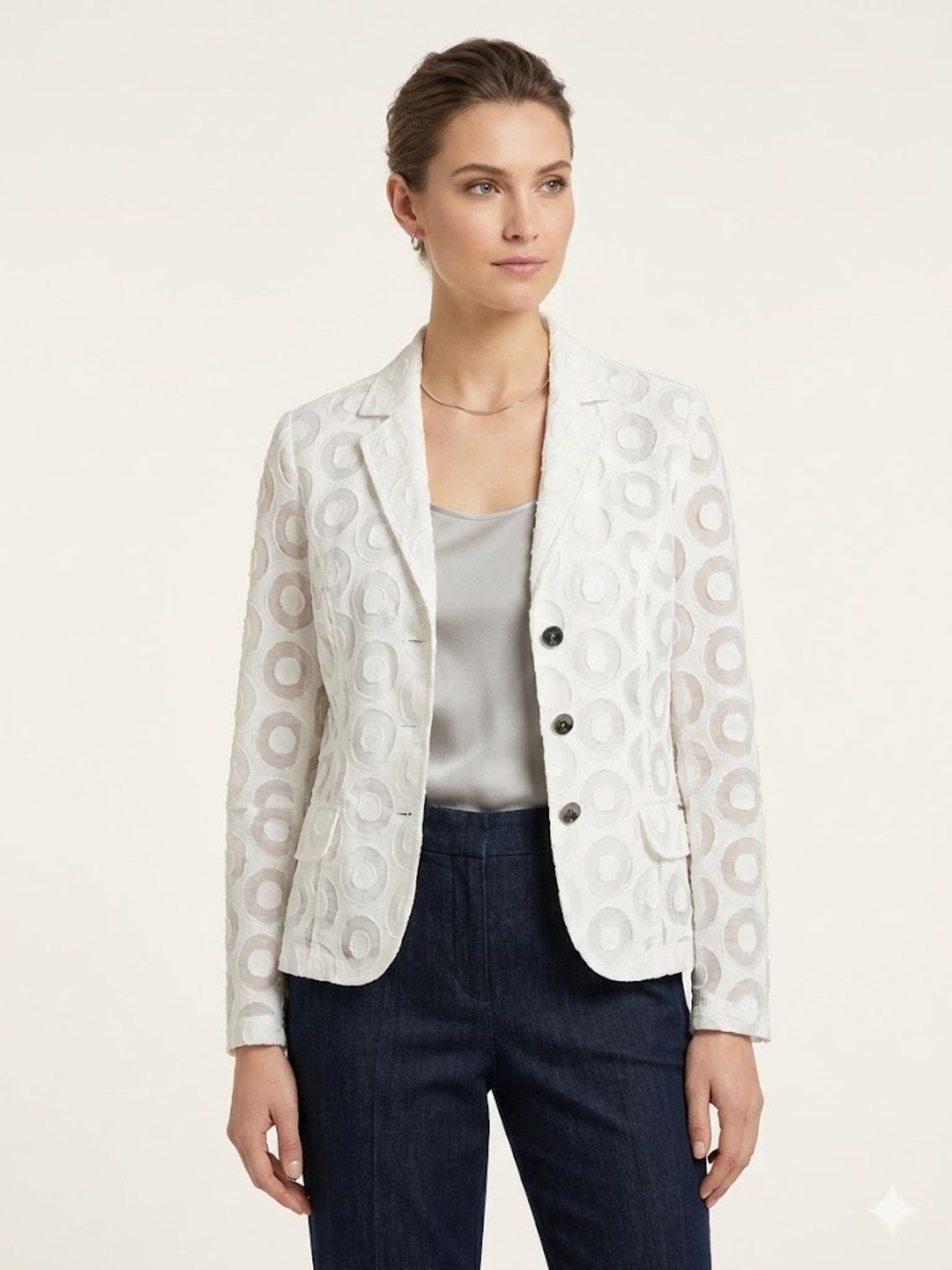 Textured White Circle-Pattern Blazer - Tailored Women's Jacket